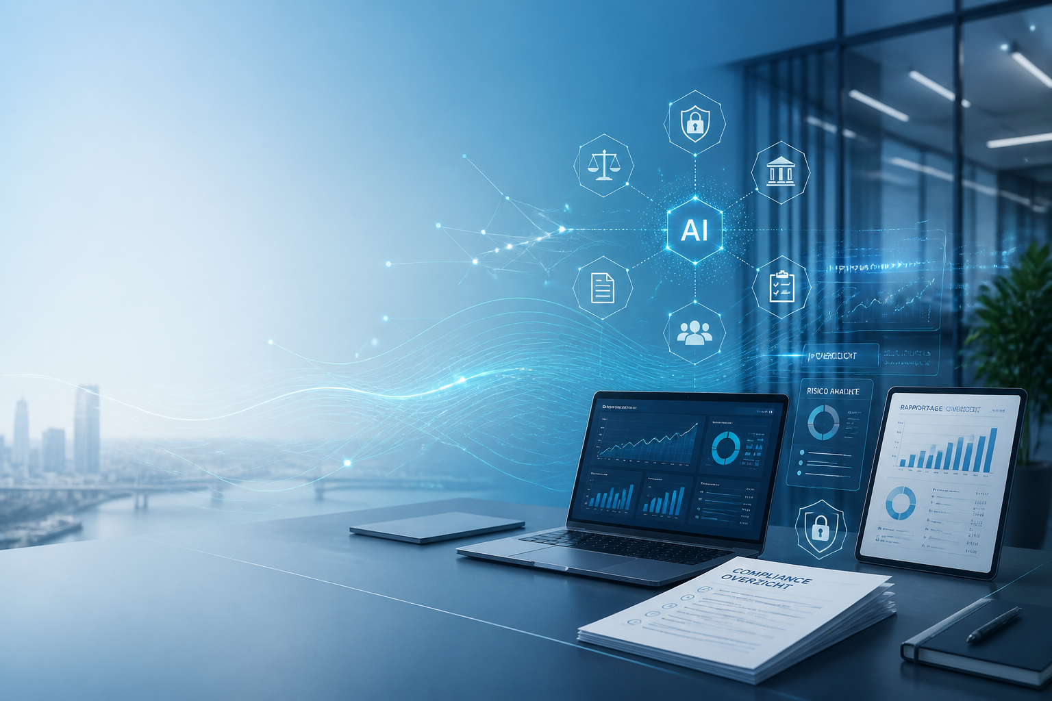 Moderne financiële werkplek met AI-netwerk en compliance-elementen die agentic AI en governance in finance illustreren