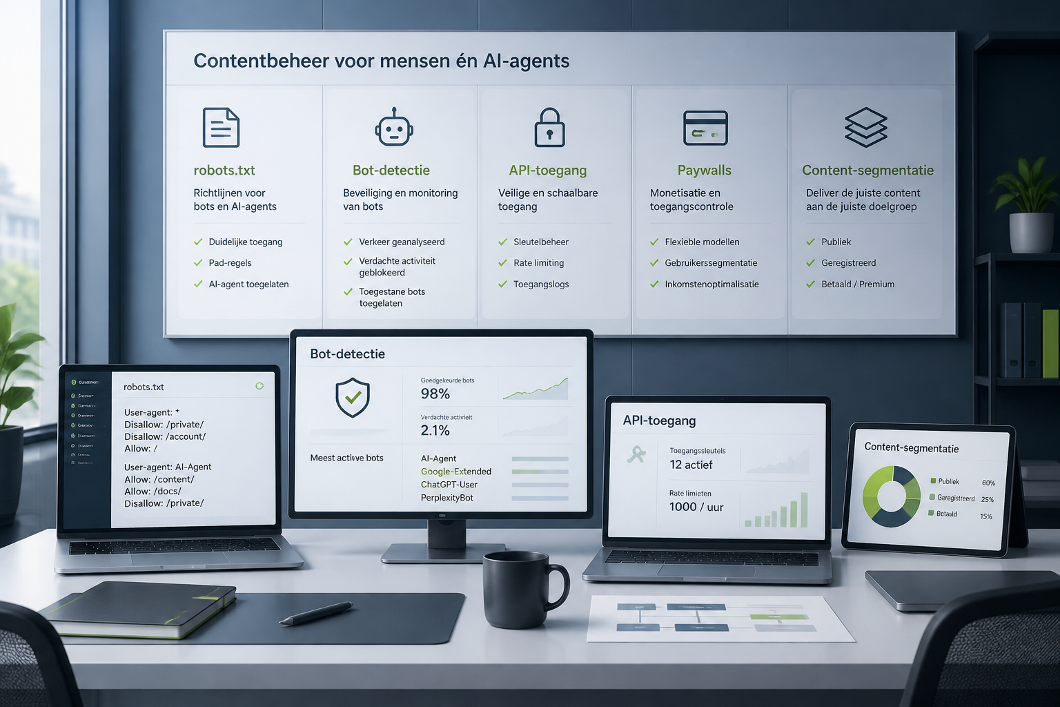 Bedrijfsteam beheert contenttoegang voor AI-agents en menselijke bezoekers met tools zoals robots.txt, bot-detectie en API-toegang
