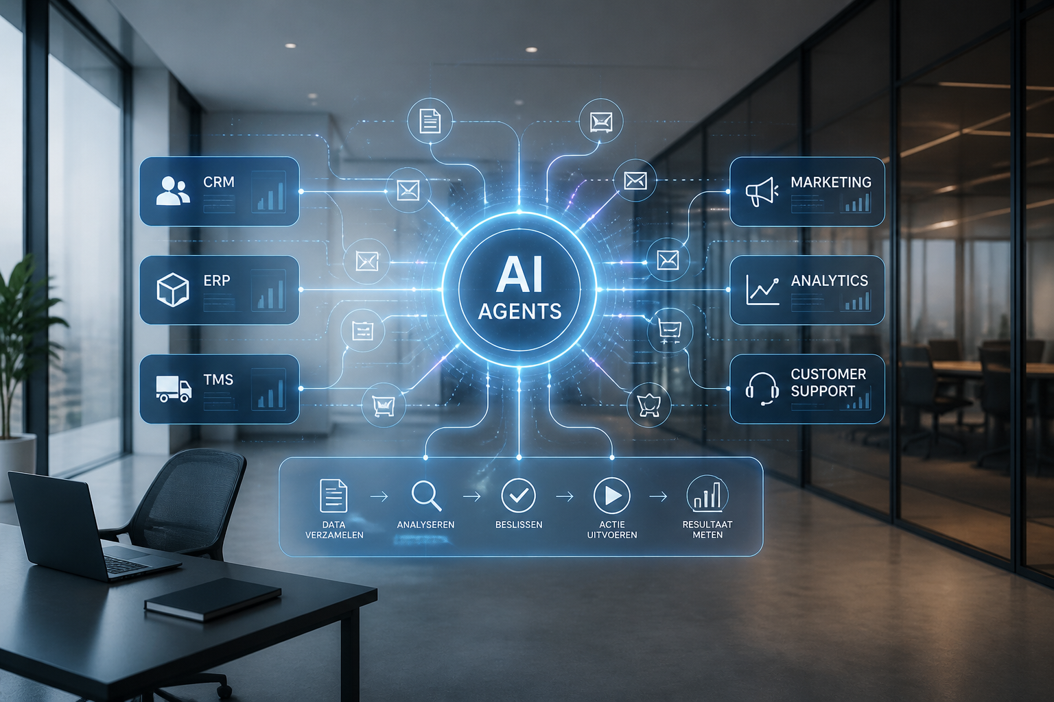 Abstracte visualisatie van AI-agents die geïntegreerd zijn met bedrijfssoftware en workflows verbinden in een moderne kantooromgeving