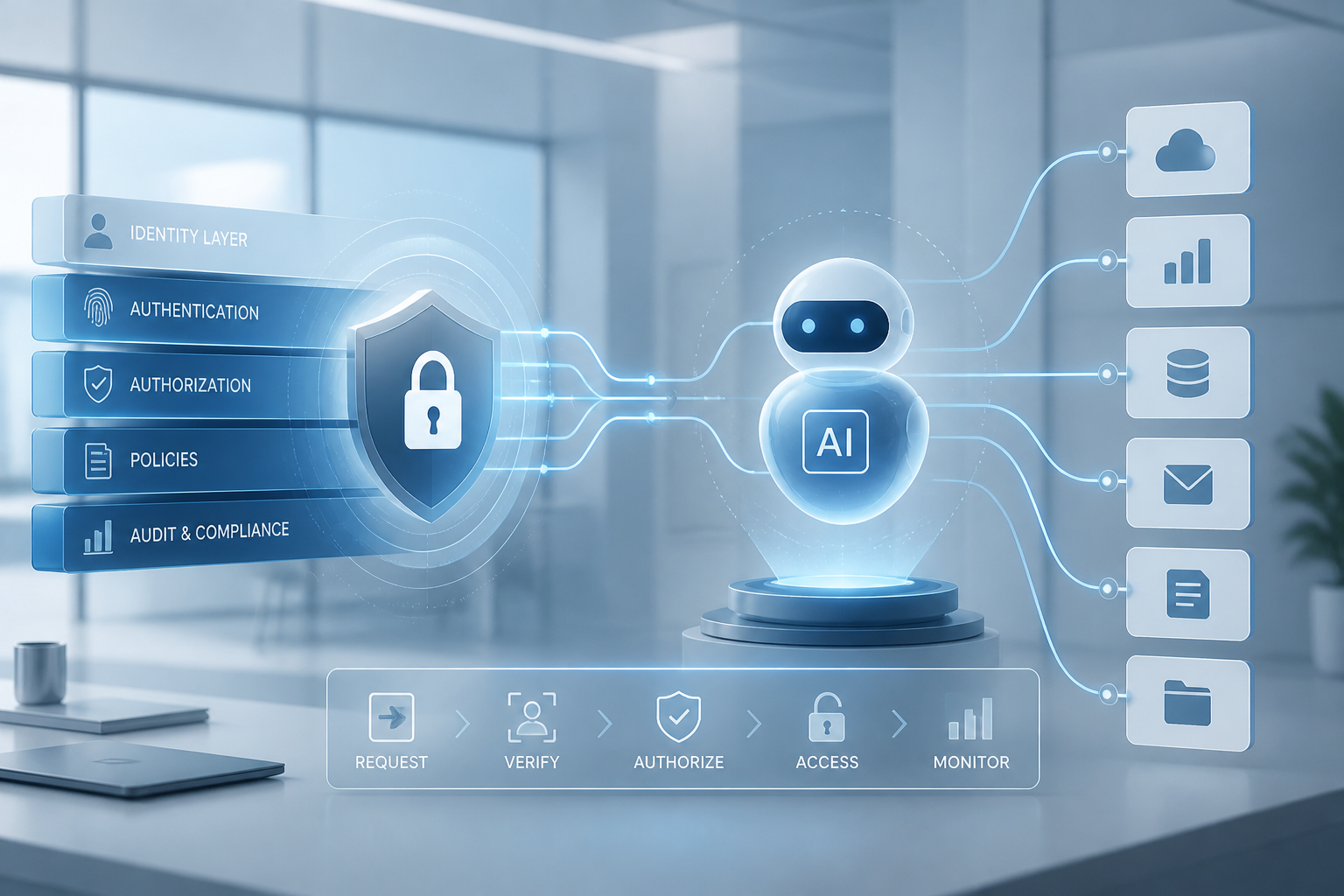 Abstracte zakelijke afbeelding die AI-agents, identity management en veilige login-toegang in enterprise-omgevingen visualiseert