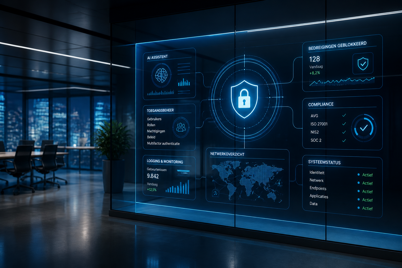 Moderne zakelijke visualisatie van AI-beveiliging met toegangsbeheer, monitoring en netwerkverbindingen in een professionele enterprise-omgeving