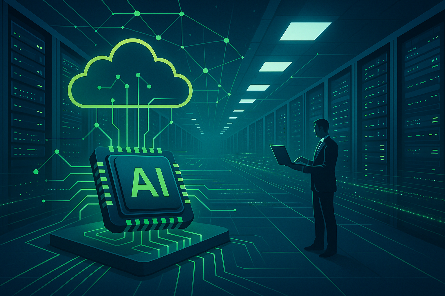 Modern datacenter met AI-chips, serverinfrastructuur en cloudnetwerken