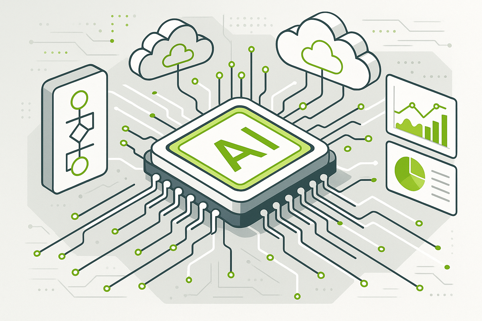 AI-chiparchitectuur verbonden met cloudinfrastructuur en automatiseringsworkflows