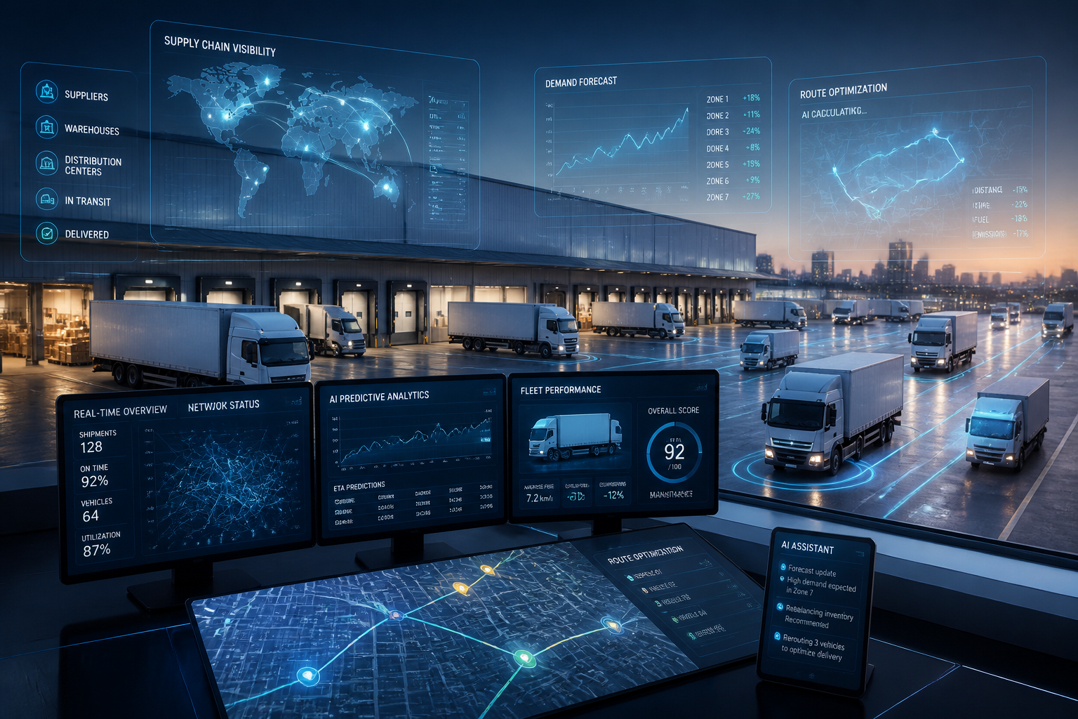 Moderne logistieke operatie met AI-gestuurde realtime routeoptimalisatie en supply chain dashboards zonder herkenbare personen of merknamen
