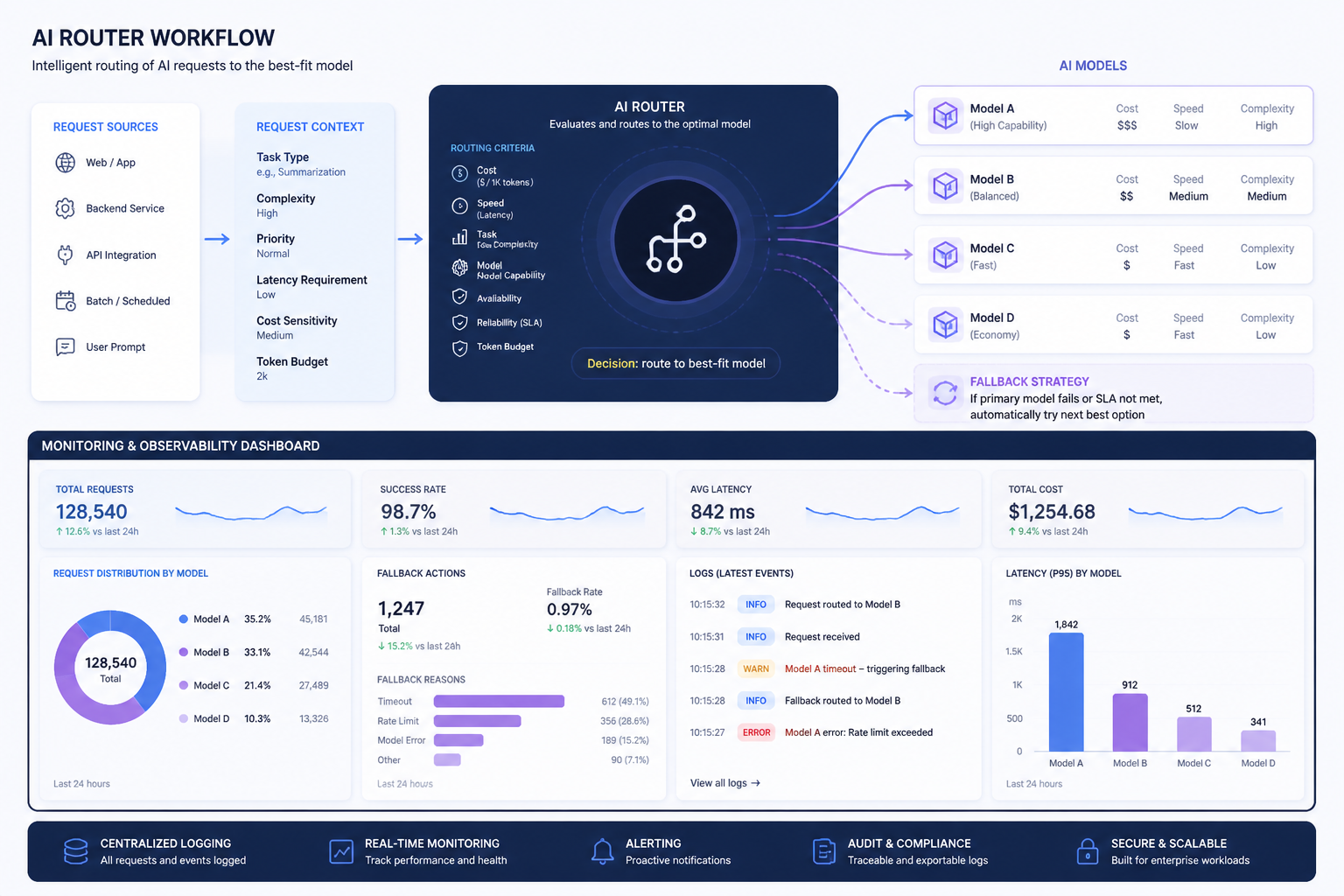 Infographic van een AI-router die verzoeken verdeelt over meerdere modellen met monitoring en fallback-functionaliteit in een zakelijke workflow