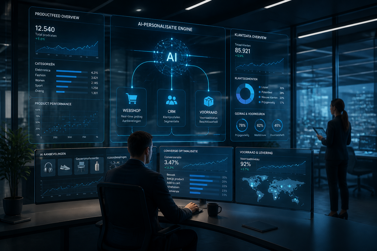 Moderne e-commerce control room met dashboards die AI-gestuurde personalisatie en gekoppelde commerce-data tonen