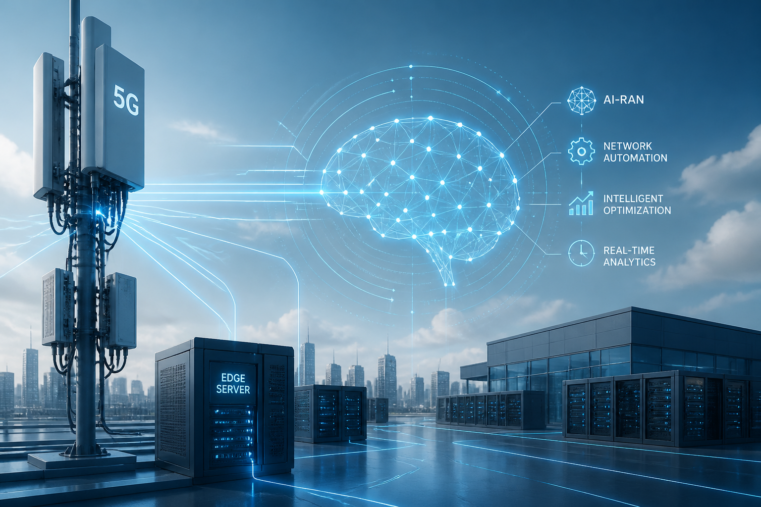 Futuristisch telecomnetwerk met 5G-antennes, edge servers en AI-elementen die netwerkintelligentie illustreren