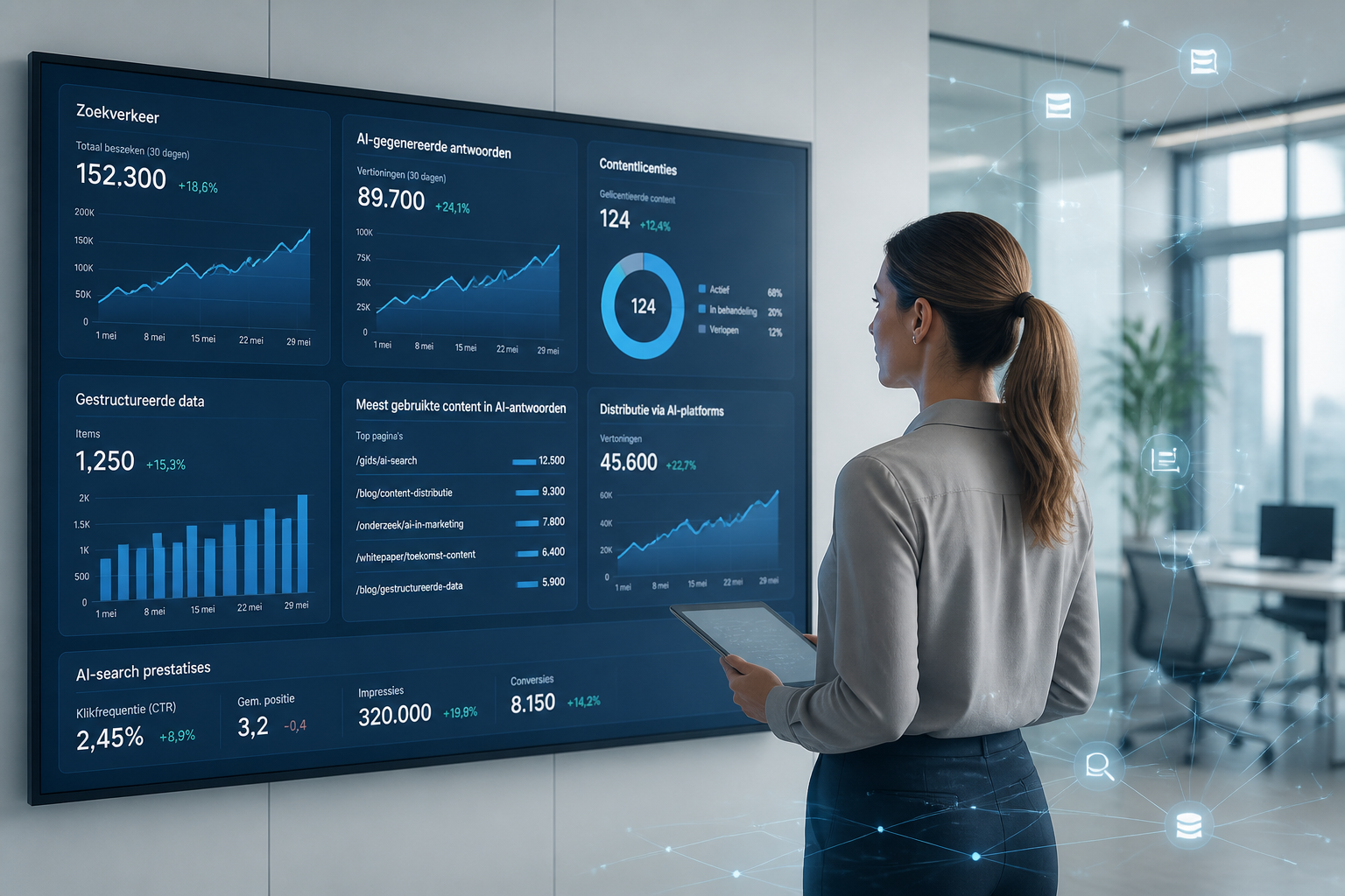 Zakelijke afbeelding van een marketingmanager die een dashboard bekijkt met AI-search data, contentlicenties en SEO-statistieken in een moderne kantooromgeving