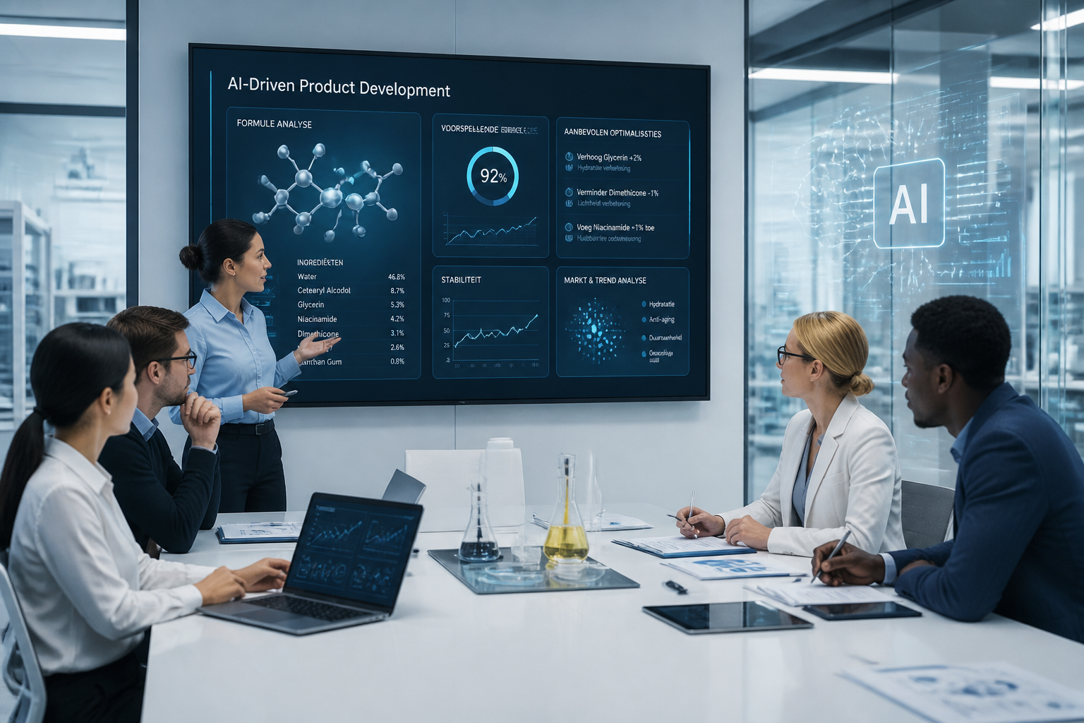 Modern zakelijk team bespreekt AI-ondersteunde productontwikkeling en R&D met digitale dashboards en data-visualisaties