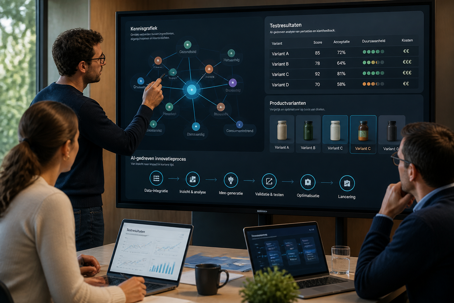 Multidisciplinair team werkt samen aan AI-gedreven productontwikkeling met interactieve kennisgrafieken en testresultaten