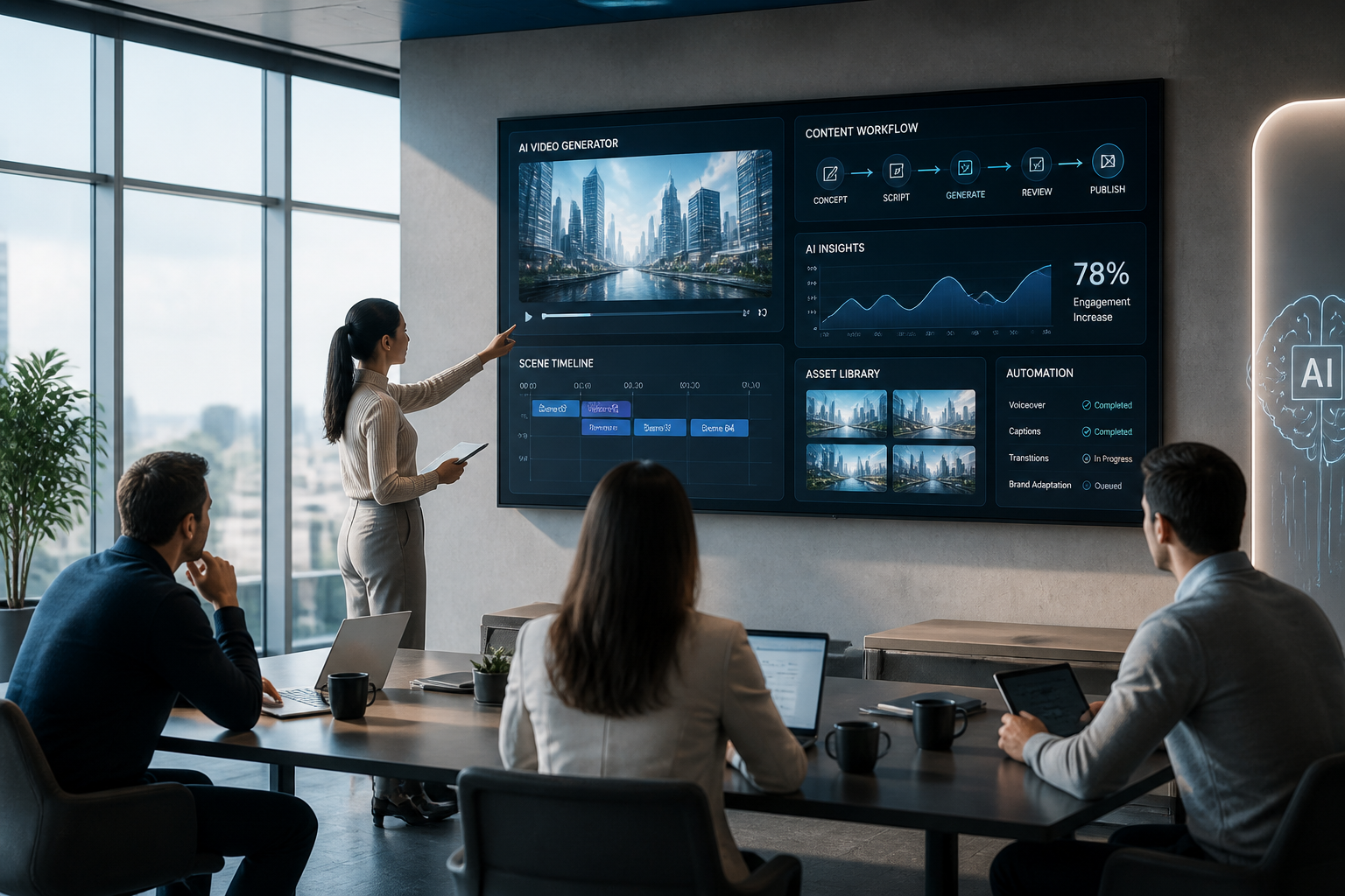 Professioneel marketingteam bespreekt AI-video en contentworkflow in een moderne kantooromgeving met futuristische accenten