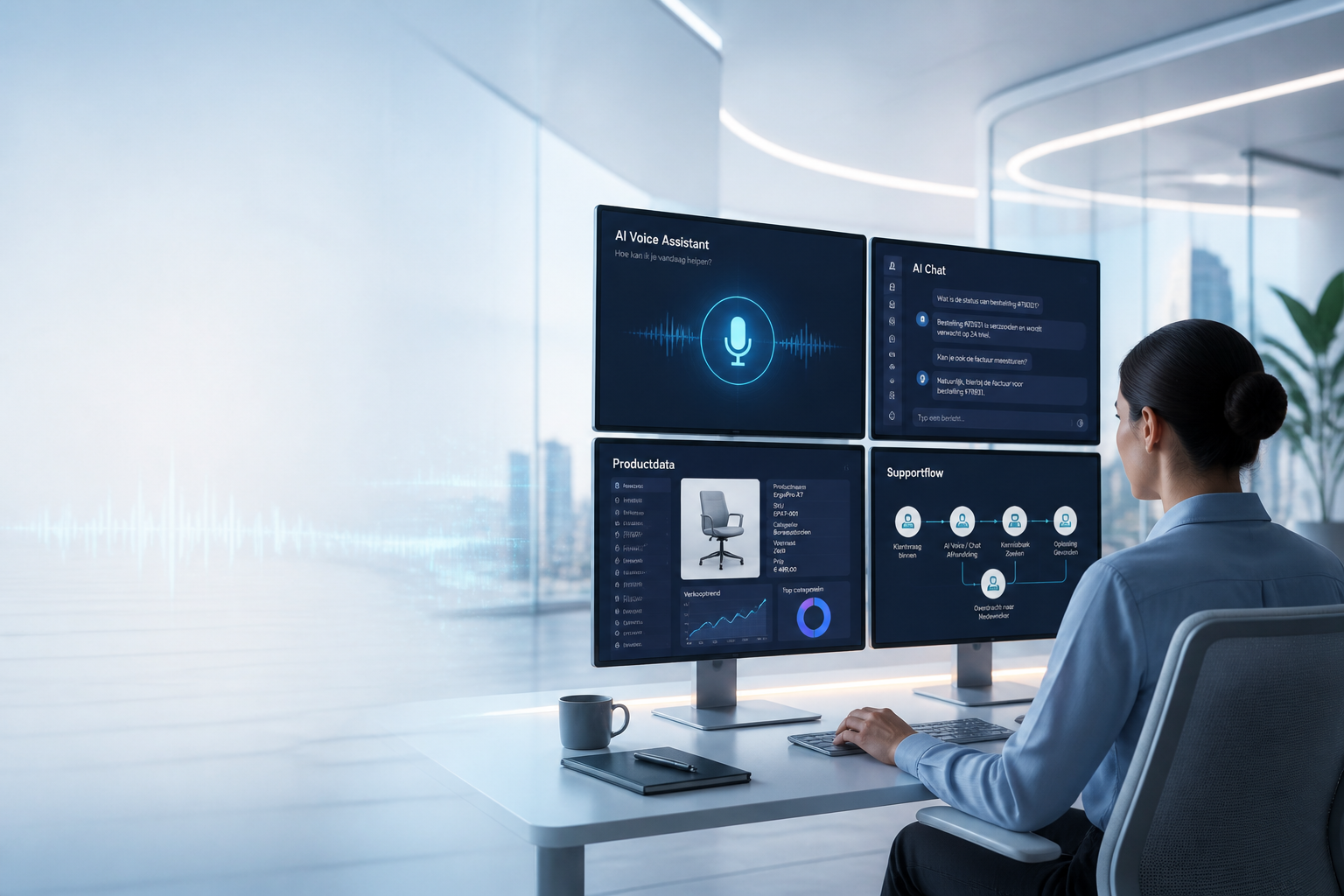 Zakelijke en moderne visualisatie van AI-voice en multimodale interfaces in een digitale klantreis binnen een professionele kantooromgeving