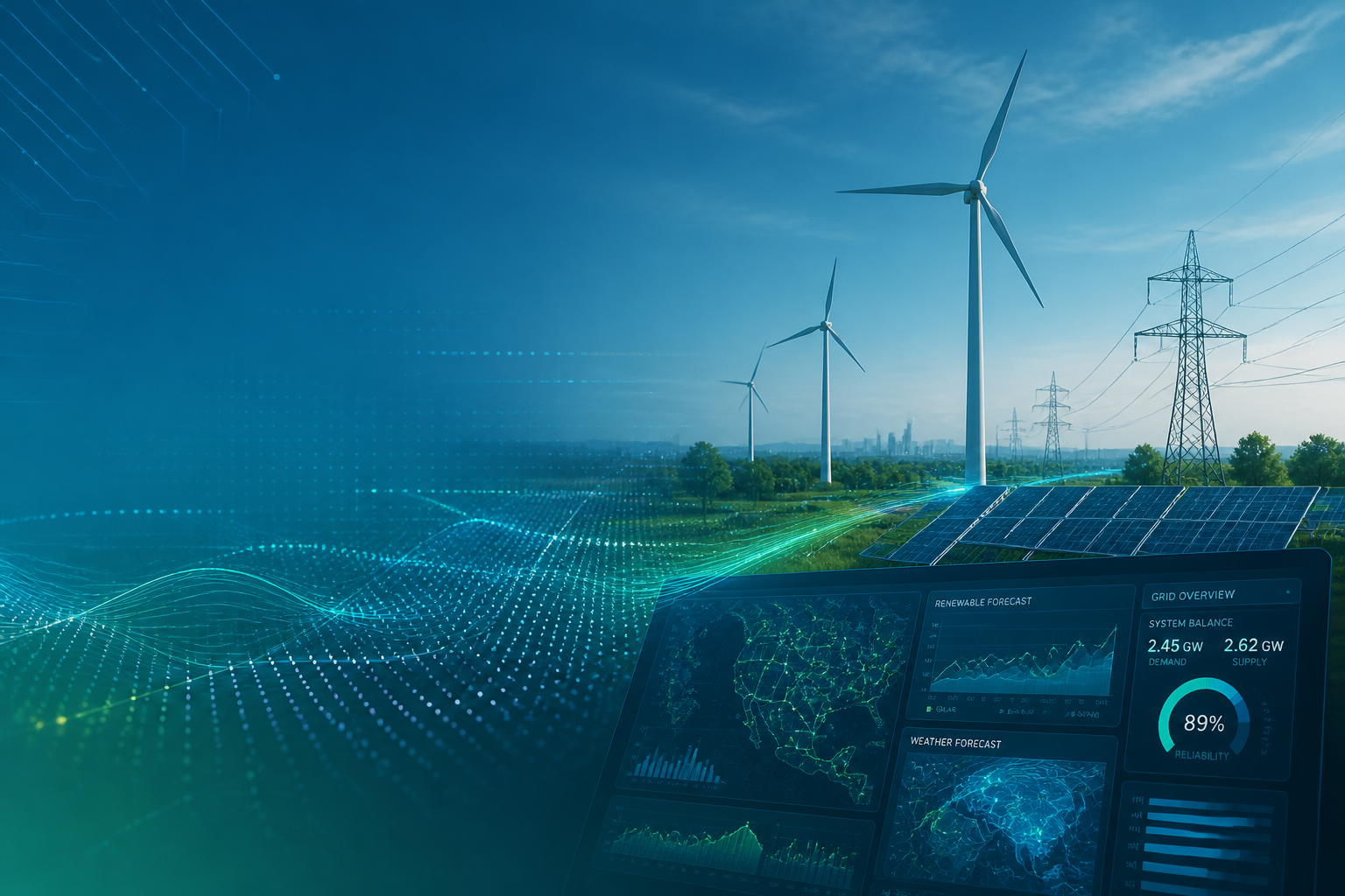 Moderne zakelijke afbeelding van AI-weersvoorspelling geïntegreerd in energie- en infrastructuursystemen