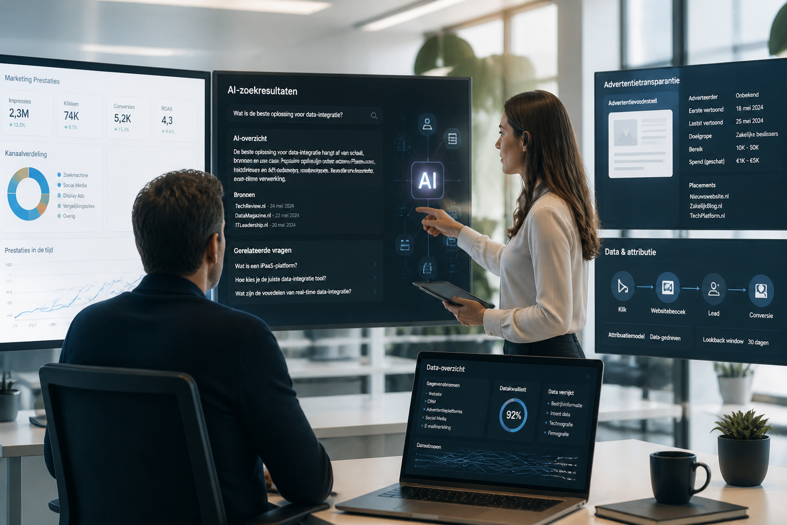 Professionals in een moderne kantooromgeving analyseren AI-zoekresultaten, advertentietransparantie en marketingdata op meerdere schermen