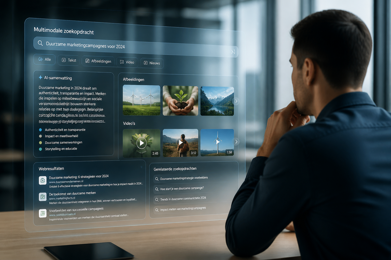 Professionele marketeer bekijkt futuristisch dashboard met multimodale AI-zoekresultaten en contentelementen