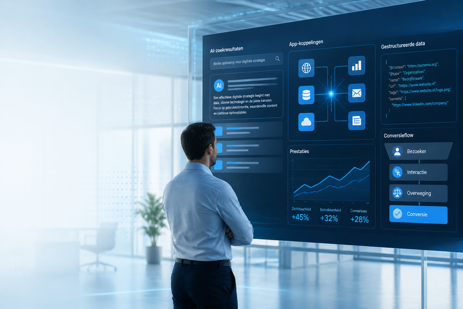 Professionele visualisatie van AI-zoek, app-integraties en conversieprocessen in een moderne digitale kantooromgeving