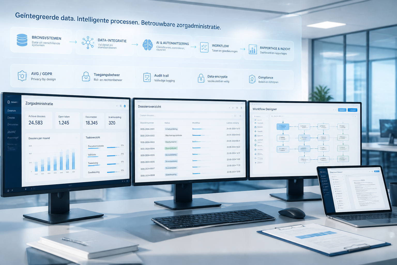 Moderne zakelijke visualisatie van AI-geïntegreerde workflows in zorgadministratie en enterprise-omgeving