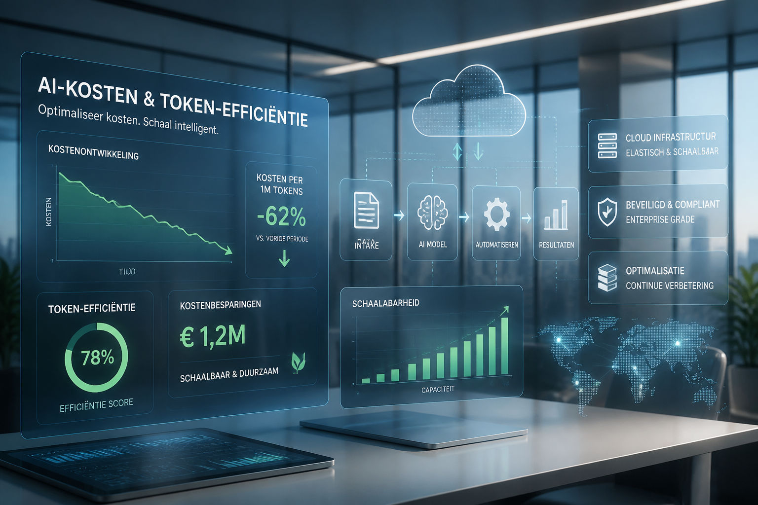 Moderne zakelijke visualisatie van enterprise AI-kosten en token-efficiëntie met data dashboards en AI-workflow iconen