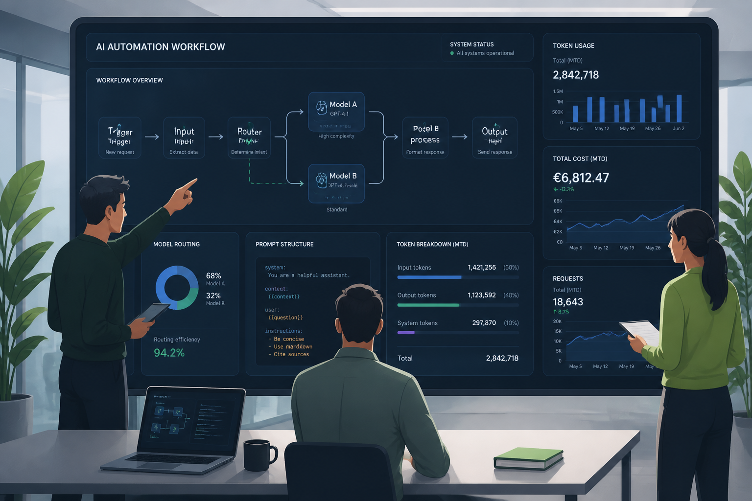 Illustratie van een team dat een AI-workflow met modelrouting en tokenoptimalisatie analyseert op een scherm