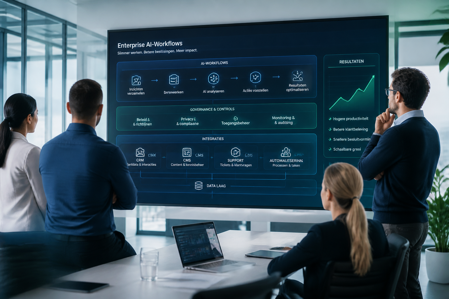 Team professionals bekijkt een enterprise AI-workflow-dashboard in een moderne kantooromgeving met visuele integraties en governance-overlays