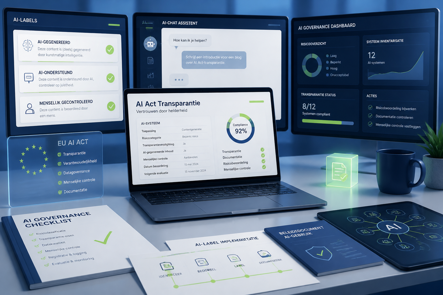 Zakelijke en moderne visualisatie van EU AI Act-transparantie en AI-labeling in een digitale content- en marketingomgeving