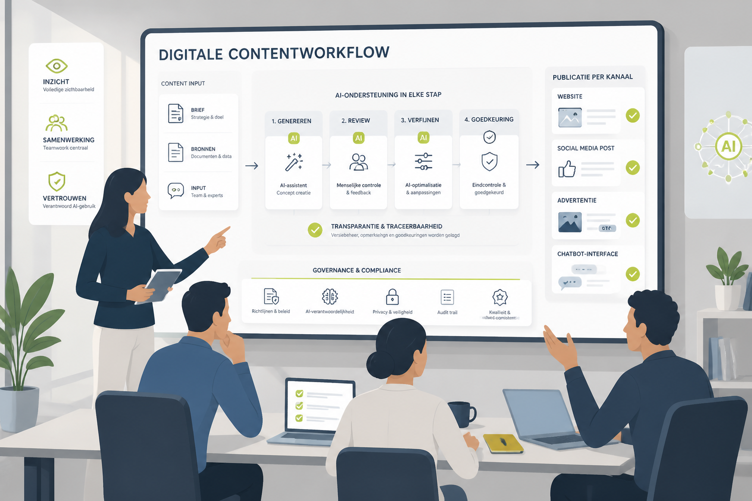 Illustratie van een marketingteam dat een digitale contentworkflow met AI-labels en governance beoordeelt op een groot scherm