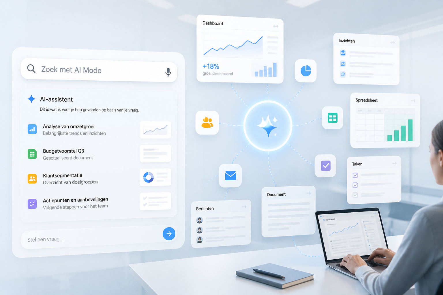 Moderne AI-zoekinterface die meerdere bedrijfsapps en workflows verbindt in een professionele zakelijke omgeving