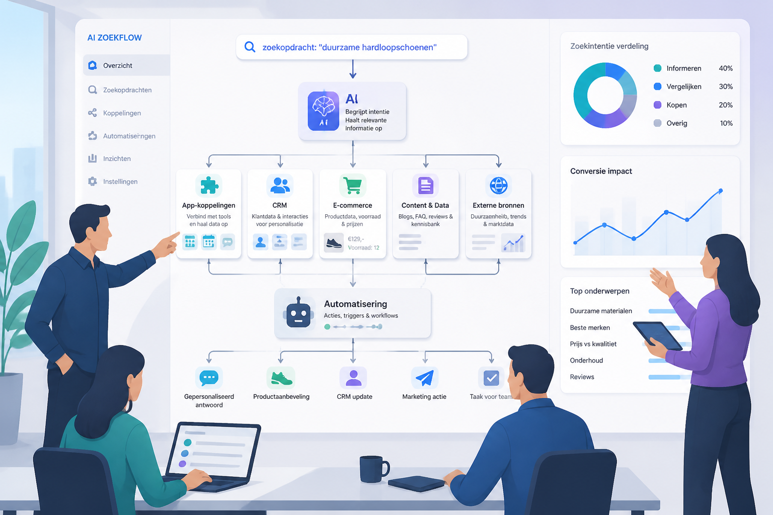 Illustratie van een team dat een AI-zoekflow bekijkt met integraties tussen zoekopdracht, CRM, e-commerce en automatisering