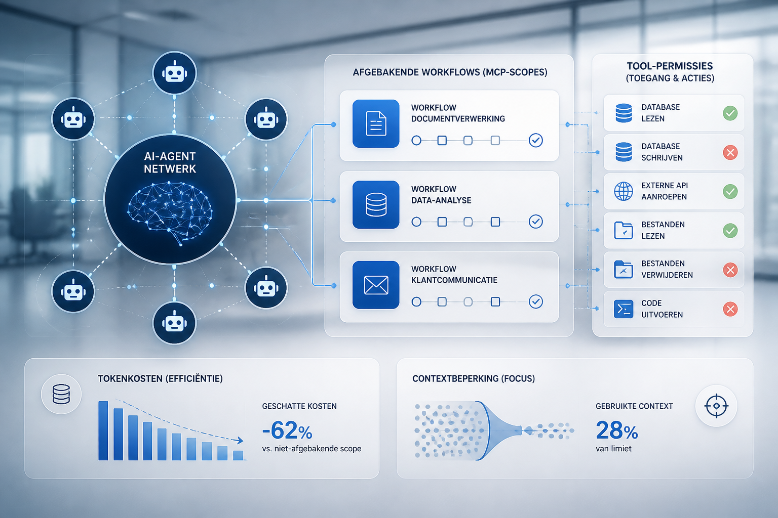 Abstracte weergave van een AI-agent netwerk met afgebakende workflows en tool-permissions die tokenkosten beperken in een moderne enterprise-omgeving