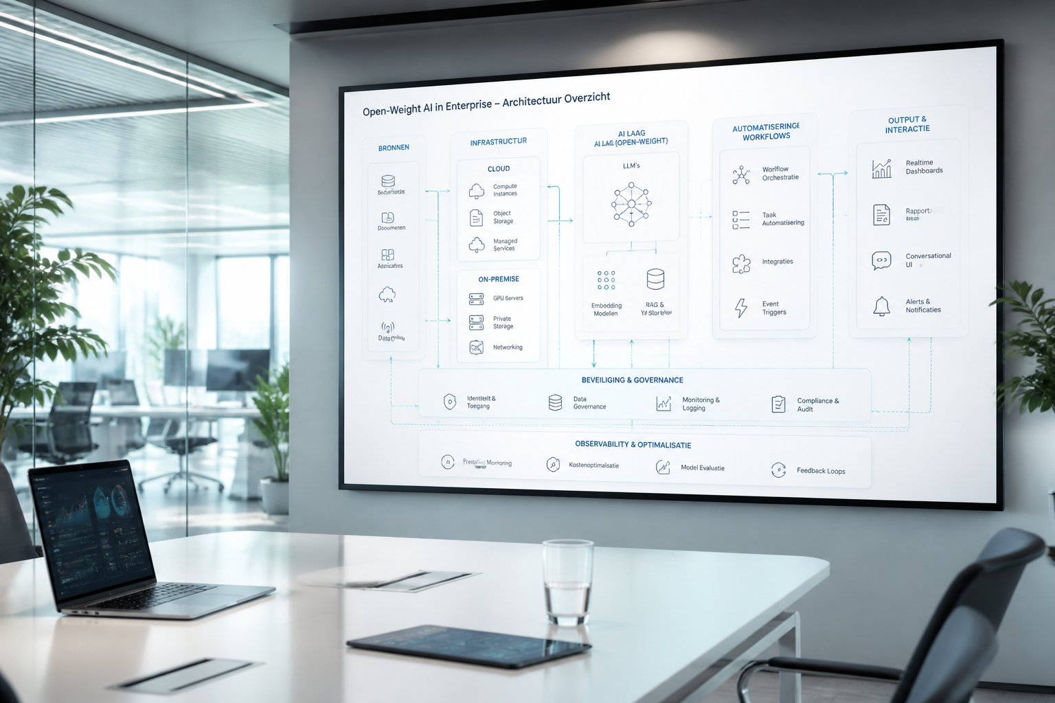 Moderne zakelijke illustratie van een open-weight AI-architectuur in een enterprise-omgeving met cloud, on-premise servers en workflow-automatisering