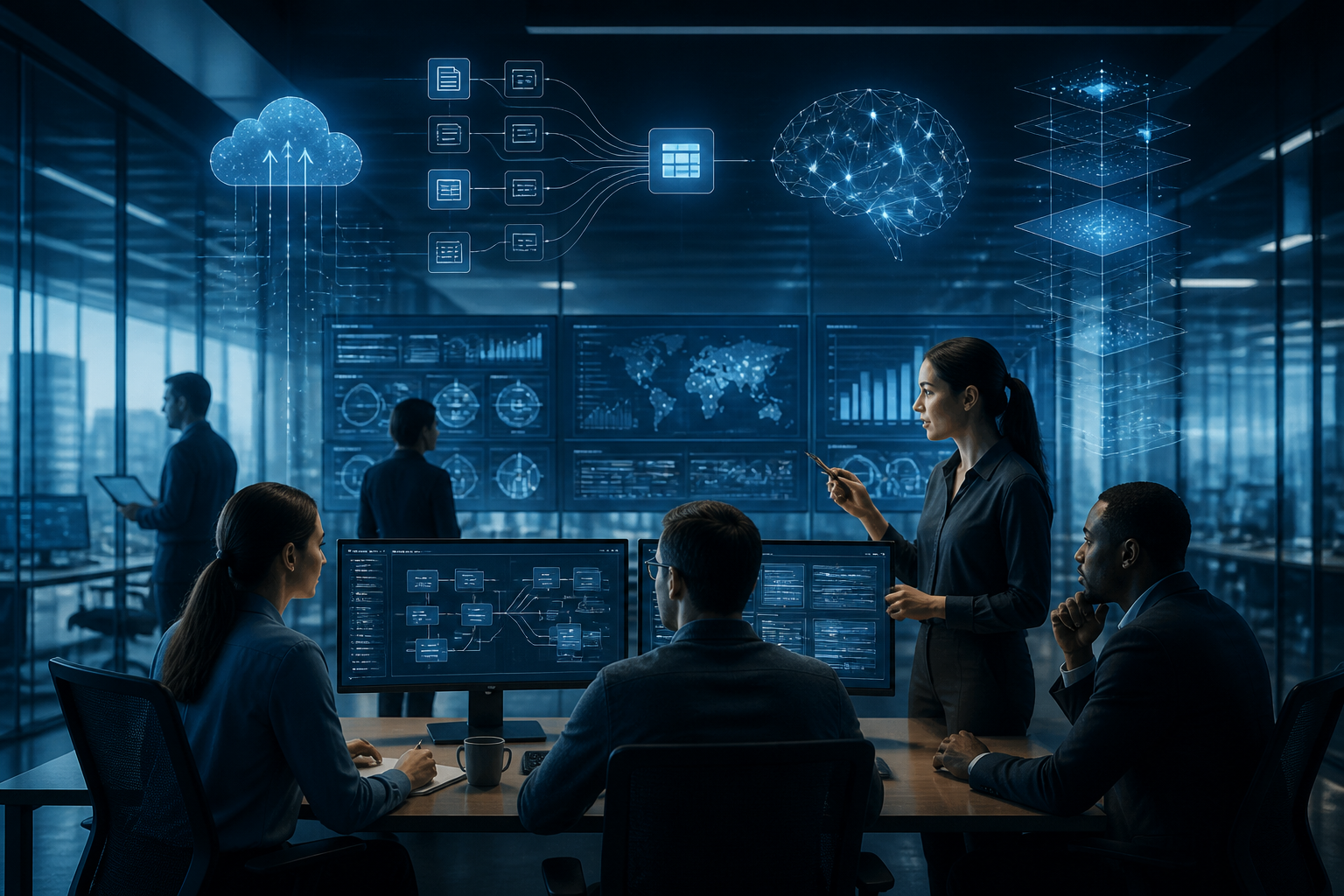 Moderne zakelijke visualisatie van een team dat open-weight AI-workflows analyseert in een high-tech kantooromgeving, met abstracte datastromen en cloudcomputing-elementen.
